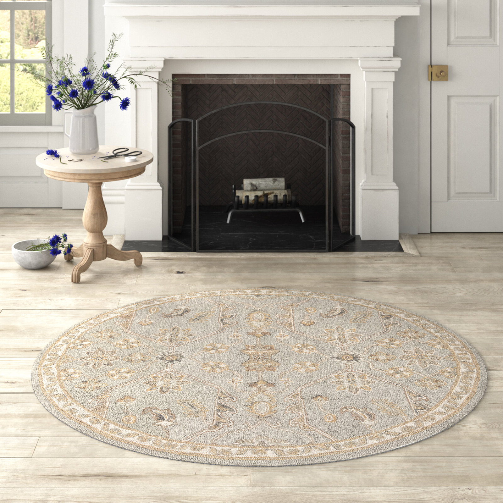 Airlie Oriental Handmade Tufted Wool Area Rug in Slate/Beige, Round 8'