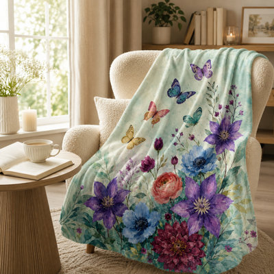 Jeté à motif floral en aquarelle, couverture en flanelle de fleurs sauvages bleues avec art de jardin botanique pour canapé, lit, lecture et utilisation quotidienne, 60 x 80 po