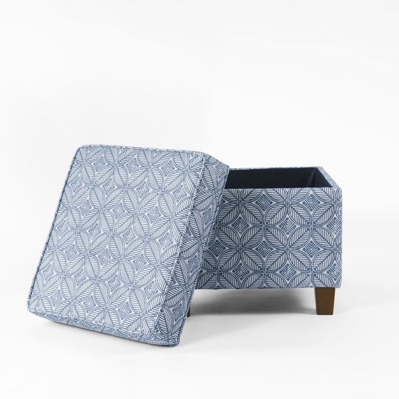 Asha 17.5" Square Storage Ottoman, Indigo Print