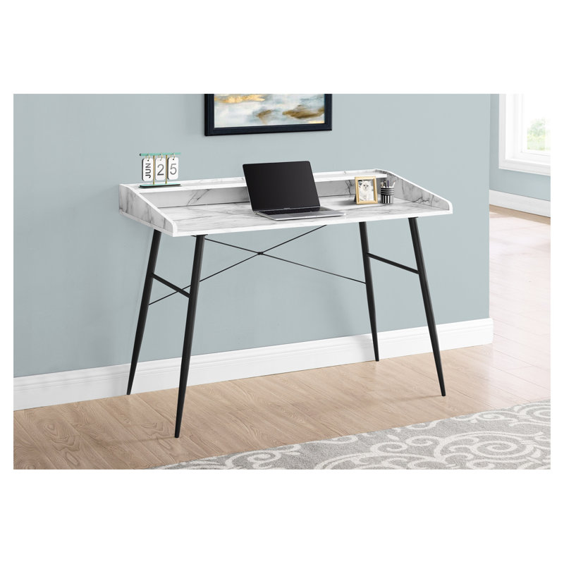Bureau d'ordinateur de 48 pouces avec huche et casiers de rangement, finition marbre blanc avec base en métal noir