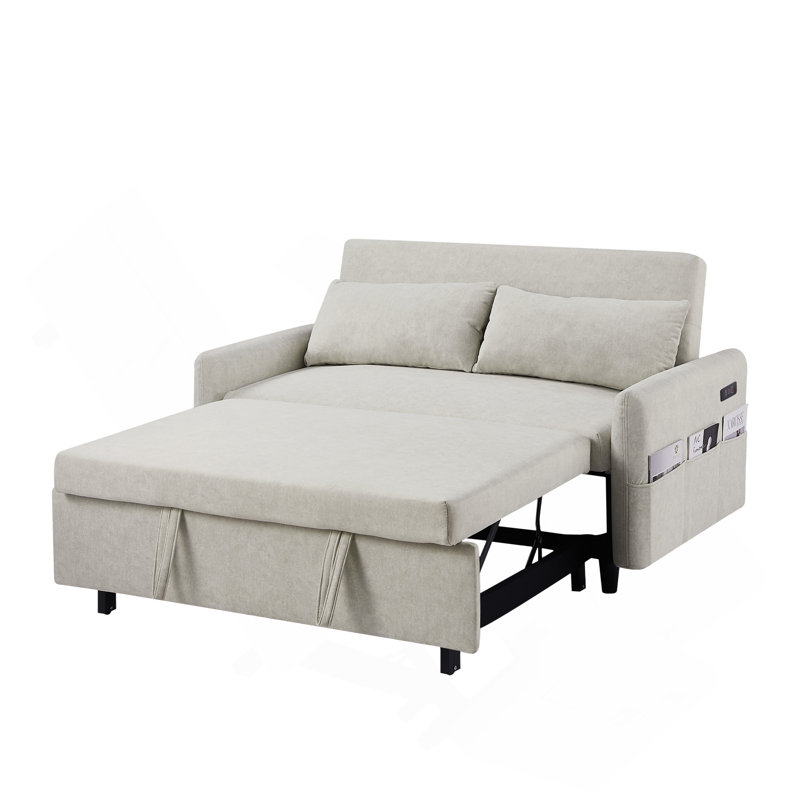 Canapé-lit de 55,1 po avec canapé-lit et dossier amovible, poches de rangement, 2 coussins moelleux, ports USB pour salon, chambre à coucher, appartement, bureau, beige