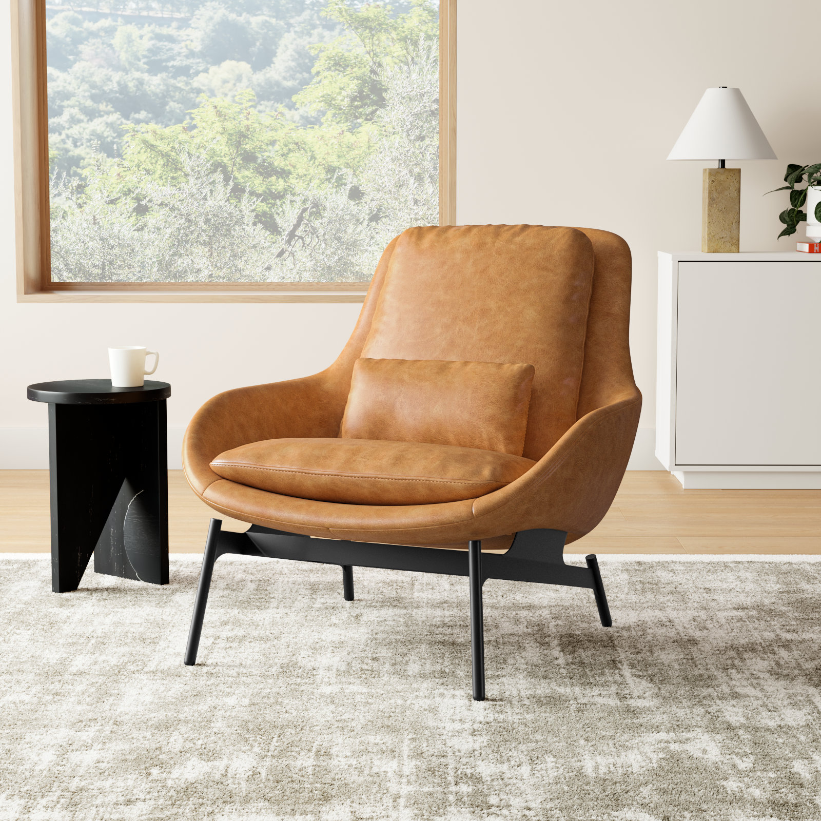 Field Upholstered Accent Chair, Camel Genuine Leather