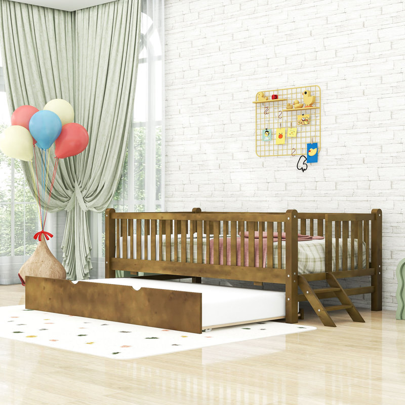 Twin Wooden Platform Bed With Guardrail, Trundle And Slats, Walnut