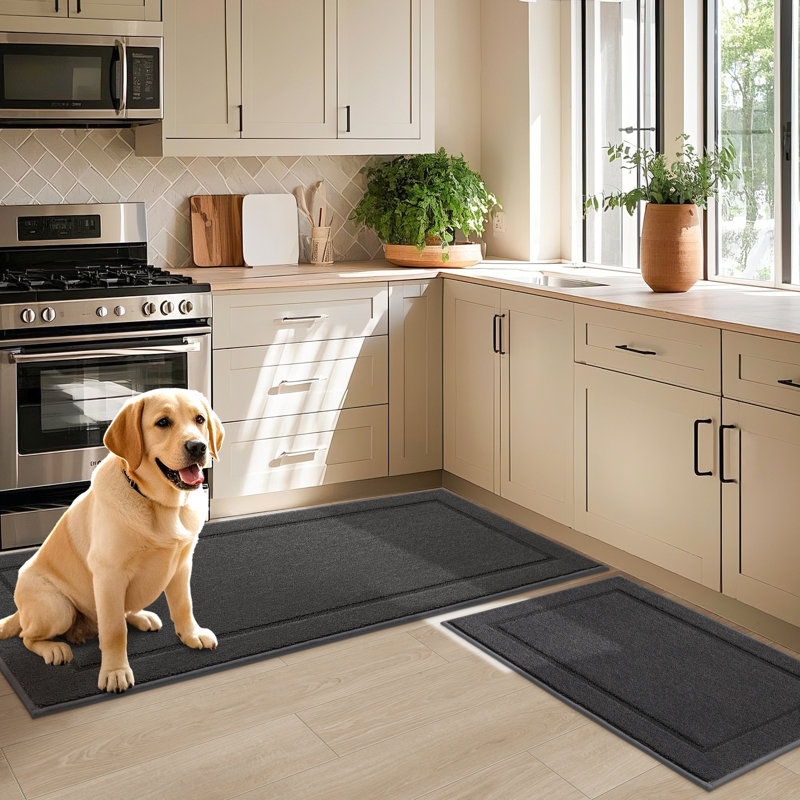 Geometric Polyester Non-Skid Kitchen Mat, Runner 61cm x 152.4cm, Dark Grey