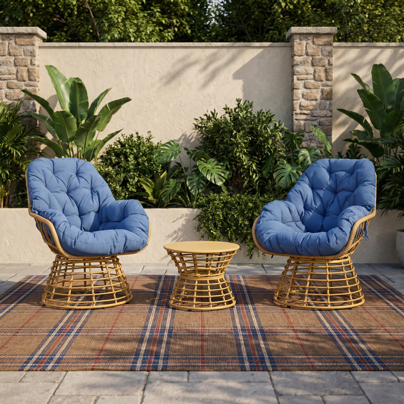 Ensemble de chaises longues pivotantes en osier pour 2 personnes avec table d'appoint ronde, Bleu