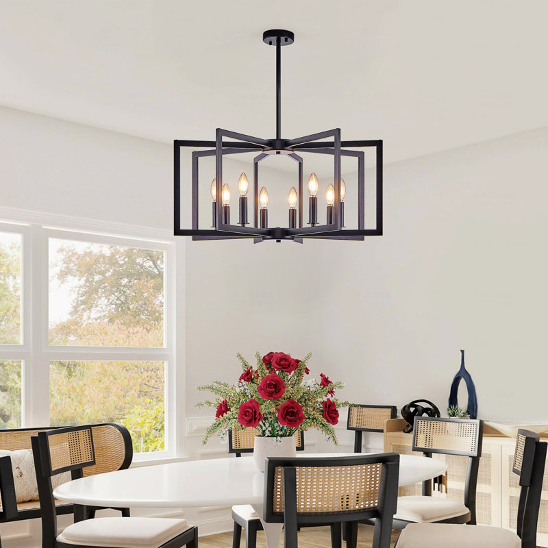 8-Light Geometric Chandelier with Adjustable Suspension Rod, Matte Black, Black, 55.5" H x 27.2" W x 27.2" D, 8 Lights