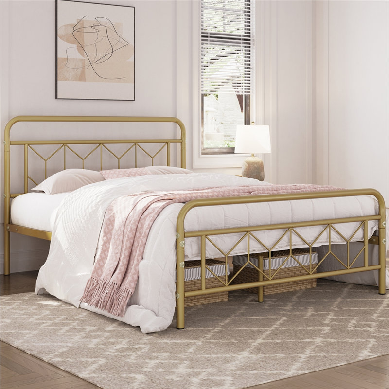 White Queen Metal Platform Bed Frame with Headboard