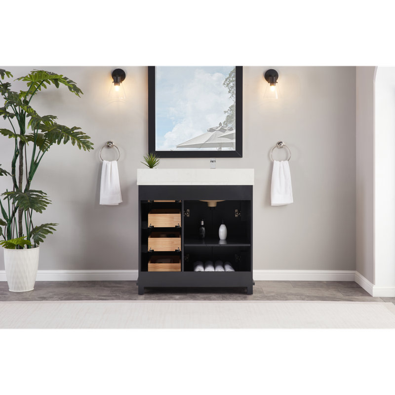 36" Solid Wood Sink Vanity  With 1' Artificial Stone Top, Tricorn Black