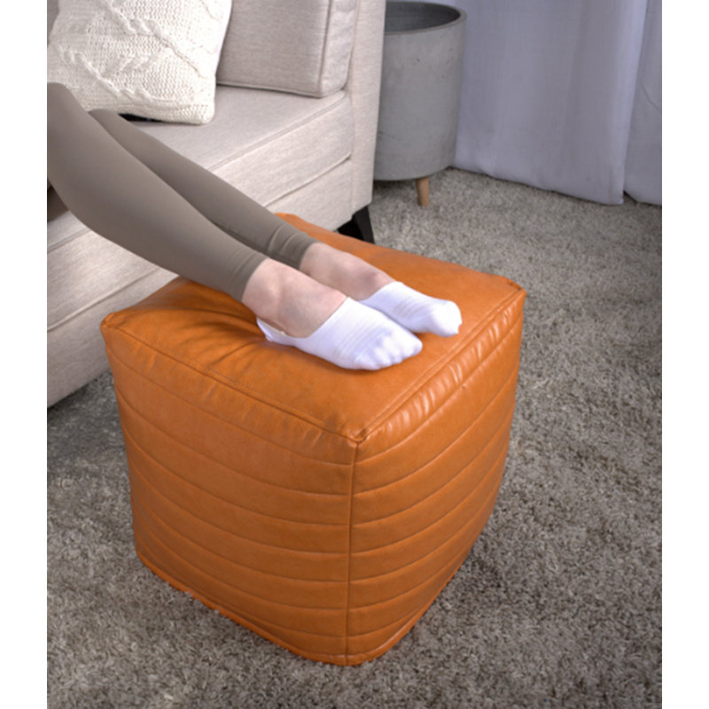 Faux Leather Suqare Pouf, Orange