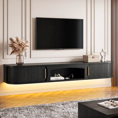 Mid-Century 63" Floating TV Stand with Fluted Doors, Modern TV Console with Power Station, Media Console with RGB LED Lighting & Cable Management