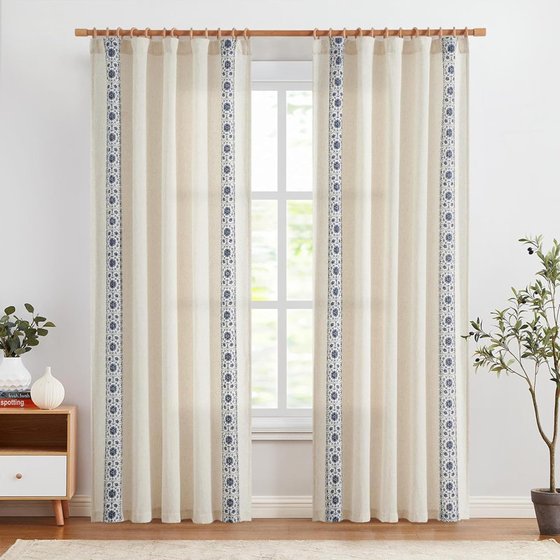 Mélange de lin à motif floral brodé pour chambre à coucher, Bleu marine, L 54 po x L 84 po