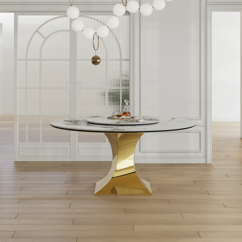 Ensemble de table de salle à manger 59 "en pierre frittée ronde 59" avec base en sablier en acier inoxydable - table de cuisine de luxe moderne d'aspect marbre pour 4 à 6 personnes