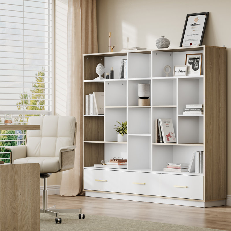 Adonia 60"W X 52.5"H Modern 5Tier Bookshelf With 3 Drawers And 16 Cubes– Ample Storage Bookcase For Living Room & Home Office