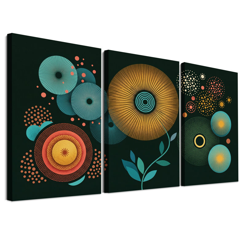 Ensemble de 3 toiles murales à motifs de soleil et de pois turquoise et orange, 24"H x 16"W x 3pcs