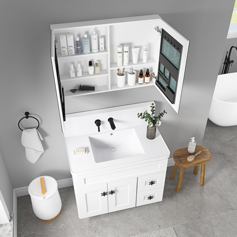 Armoire à pharmacie de salle de bain l 36 po x H 26 po, finition miroir biseautée, compartiment de rangement généreux, vue HD, bois d'ingénierie robuste et silencieux, aspect blanc de 36 po à 26 po, espace spacieux, réflexion, porte