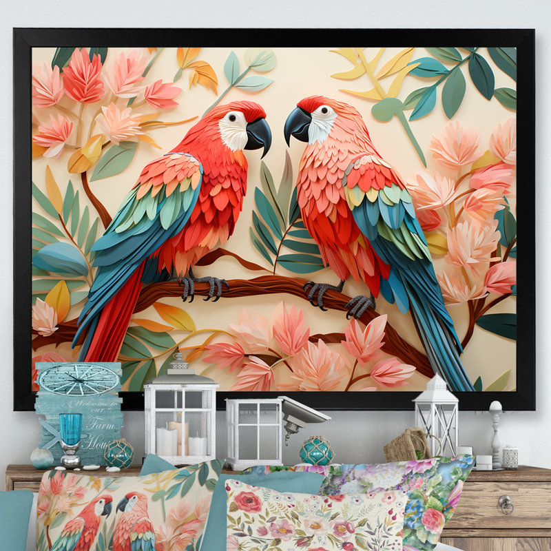 Fleurs tropicales roses et bleues - art mural perroquet II, Cadre d'angle fermé noir, H 16 po x l 32 po x P 1 po