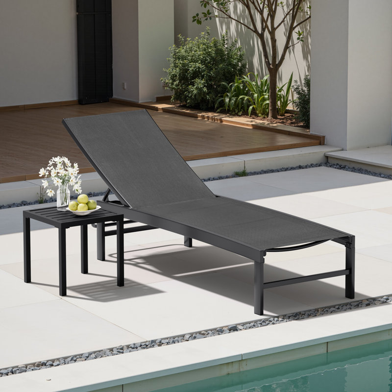 Patio Metal Stackable Reclining Chaise Lounge With Square Table, Black