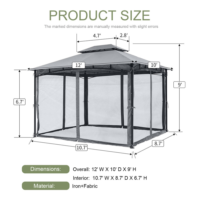12 pi. L 12 pi. D Pavillon de jardin à toit souple avec double toit en fer, 112.68" H x 143.81" W x 118.2" D, Grey