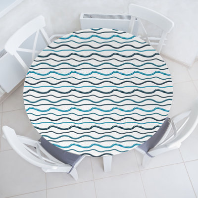 Bungalow Rose Blue Nautical Fitted Round Tablecloth White Blue