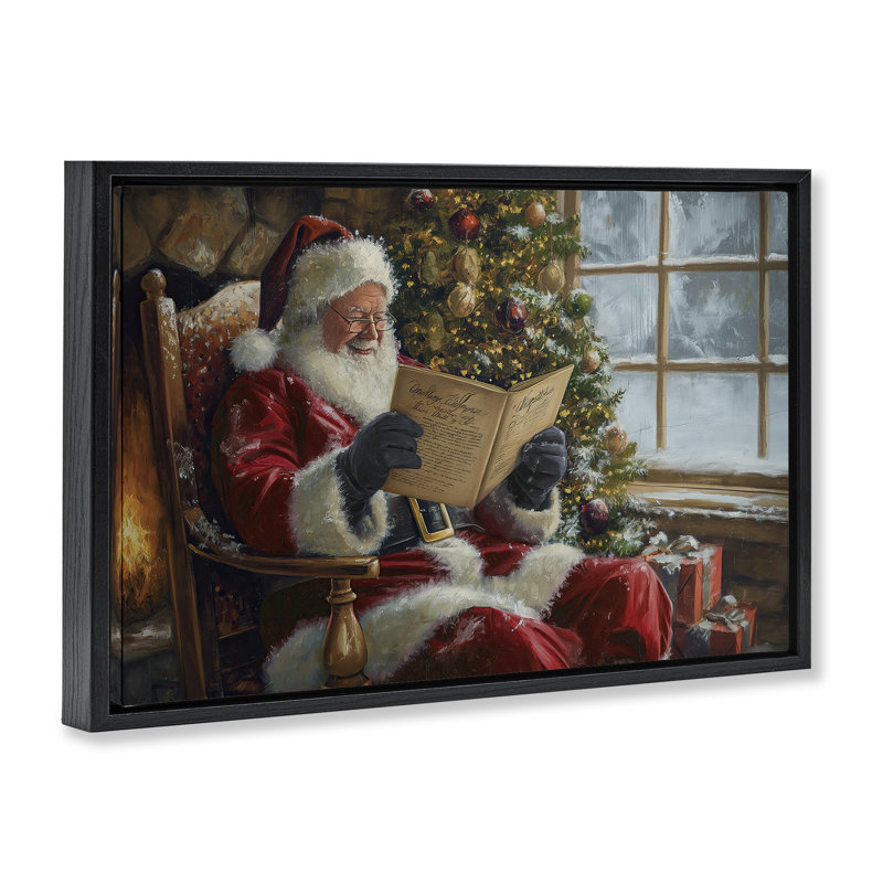 «Cheerful Santa Reading Canvas» par Imagine It Images, Cadre flottant noir de jais, H 17 po x l 25 po