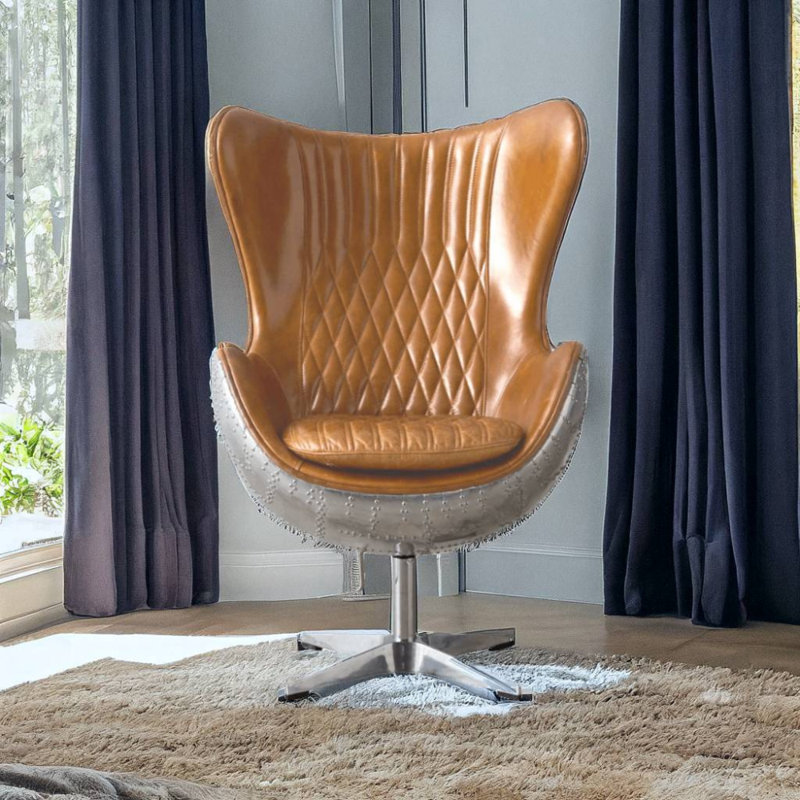 Faux Leather Swivel Accent Chair, Tan Leather Match