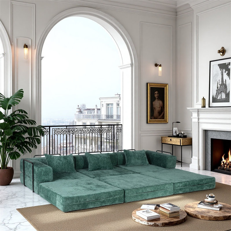 Ensemble de canapé convertible modulaire en tissu chenille sans dossier, Vert