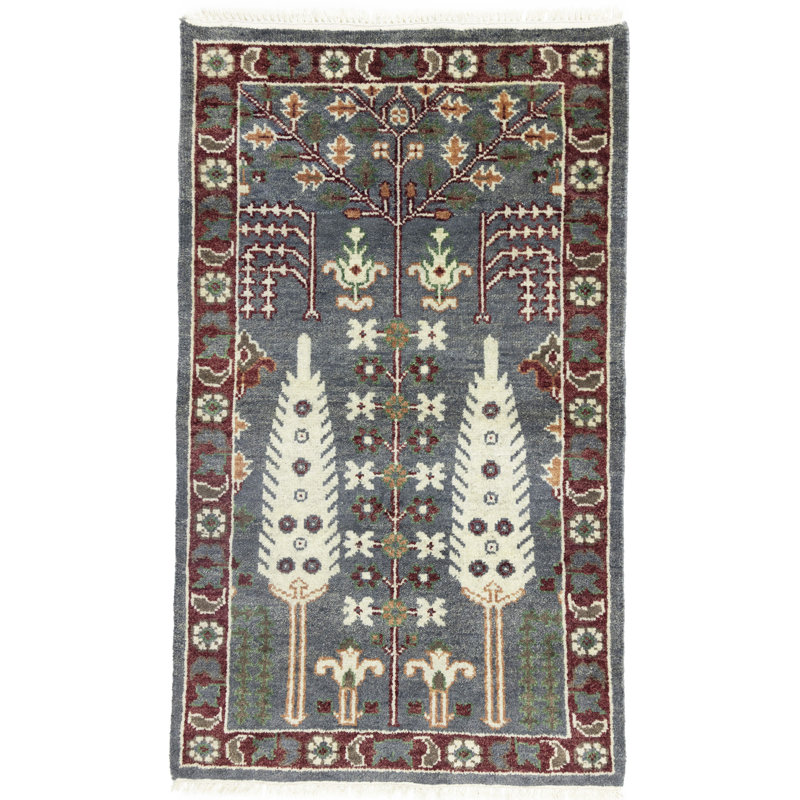 Tapis oriental gris / rouge en laine noué à la main 3 pi x 5 pi Oakridge