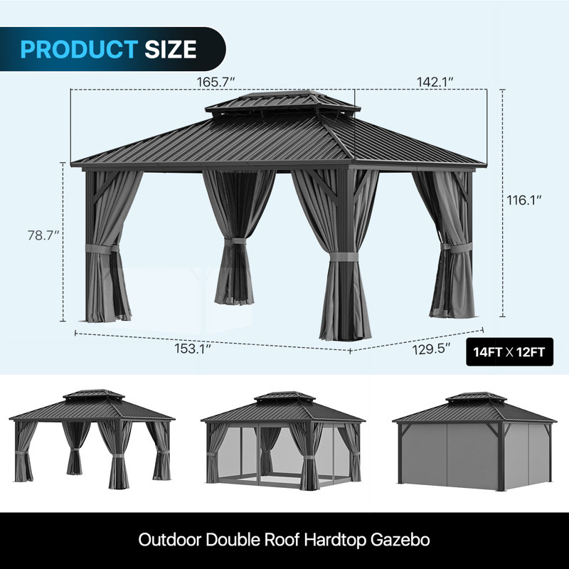 Aluminum Permanent Patio Gazebo with Double Roof, 14 Ft. W x 12 Ft. D