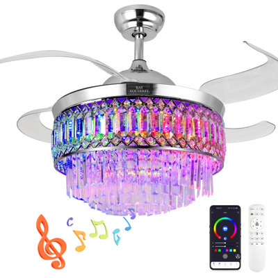 42-inch Smart Crystal Ceiling Fan Light Retractable invisible blades, Bluetooth speaker, RGB full-colour lighting, 6-speed forward/reverse settings, remote control, app-based smart control