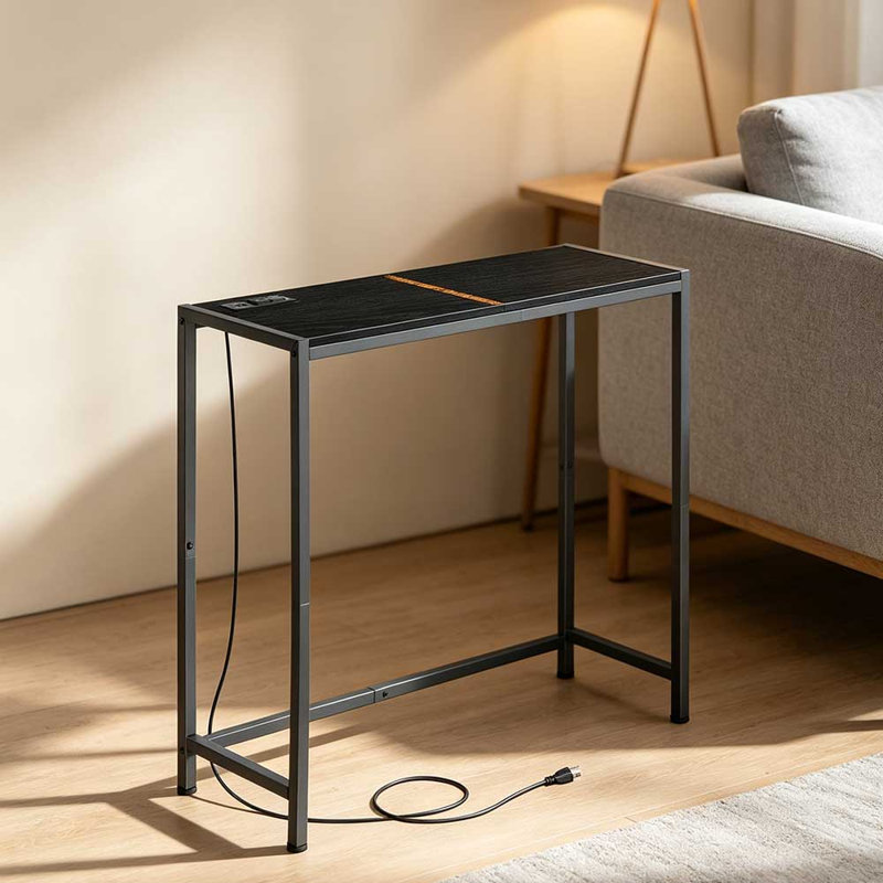 Table d'appoint étroite en métal 31,3 po avec port de charge USB, table de bout en bois rustique avec tablette en filet pour le salon