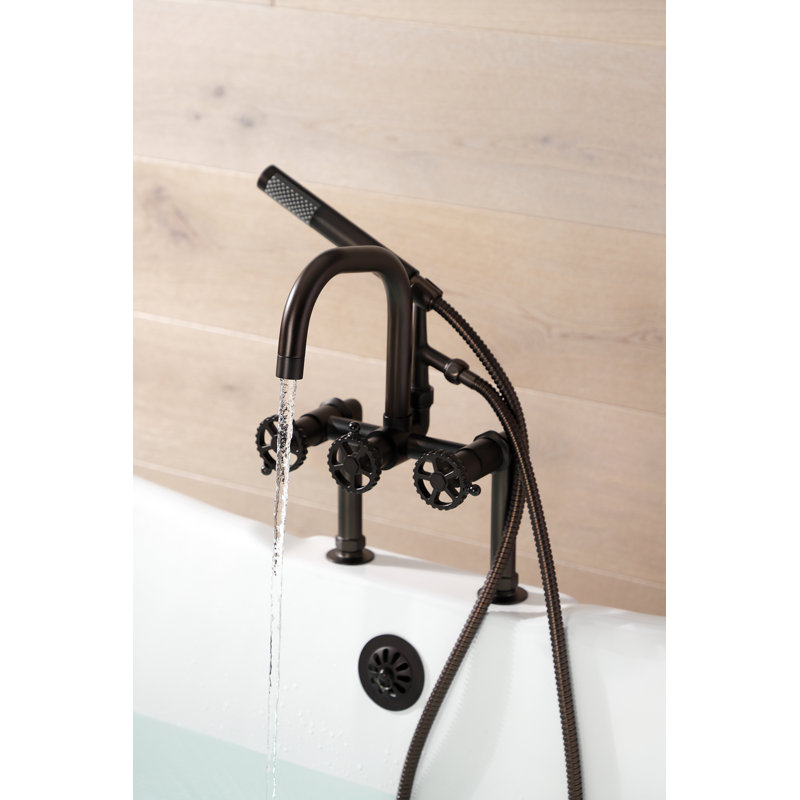 Kingston Brass Fuller Three-Handle 2-Hole Deck Mount Clawfoot Tub Faucet with Hand Shower, Dark Brown