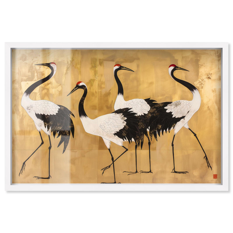 Birds of Gold Shadowbox Print Vintage Art par Art Remedy, H 31 po x l 46 po, Blanc