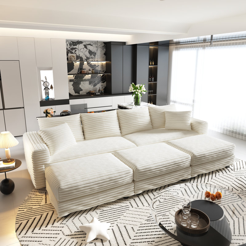 102.4"Plush Corduroy 4-Seat Sofa,Modern Comfy Upholstered Sofa Cloud Couch,Deep Seat Couches With Soft Pillows And 3 Ottomans,Convertible Sofa Lounge Chair,For Living Room,Apartment,Office