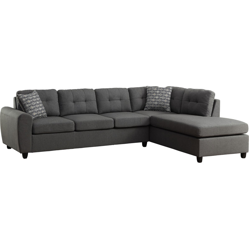 Canapé modulaire à boutons gris avec 5 sièges, accoudoirs évasés, coussins amovibles et méridienne réversible