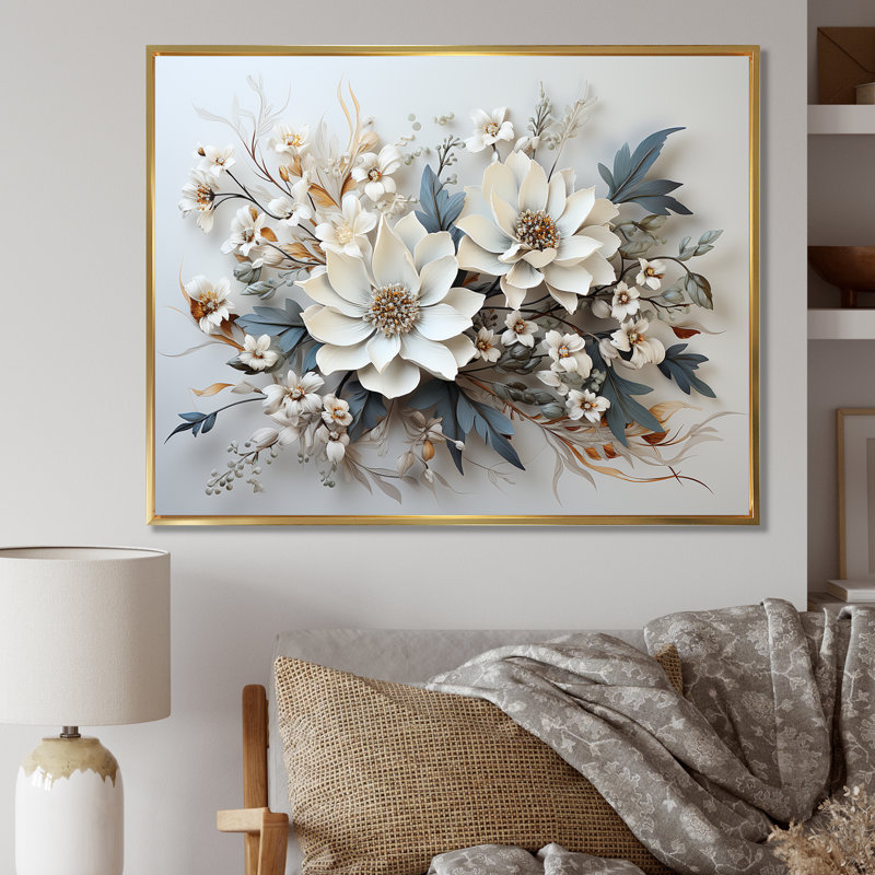 Fleurs saisonnières charme en hiver I - art mural de fleurs saisonnières, H 24 po x l 32 po x P 1 po, Cadre flottant doré