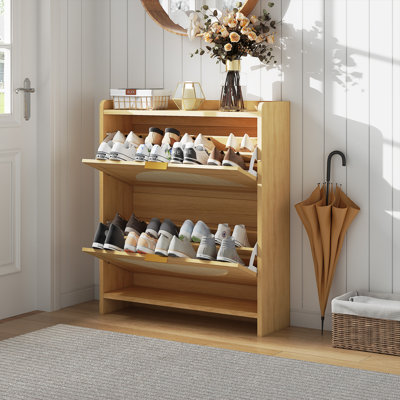 Space-Saving Rattan Shoe Cabinet – Slim 2 Reverse Drawer Wooden Organizer – Adjustable Shelves – Freestanding Entryway Storage for Hallway, Foyer, Living Room – Log Color