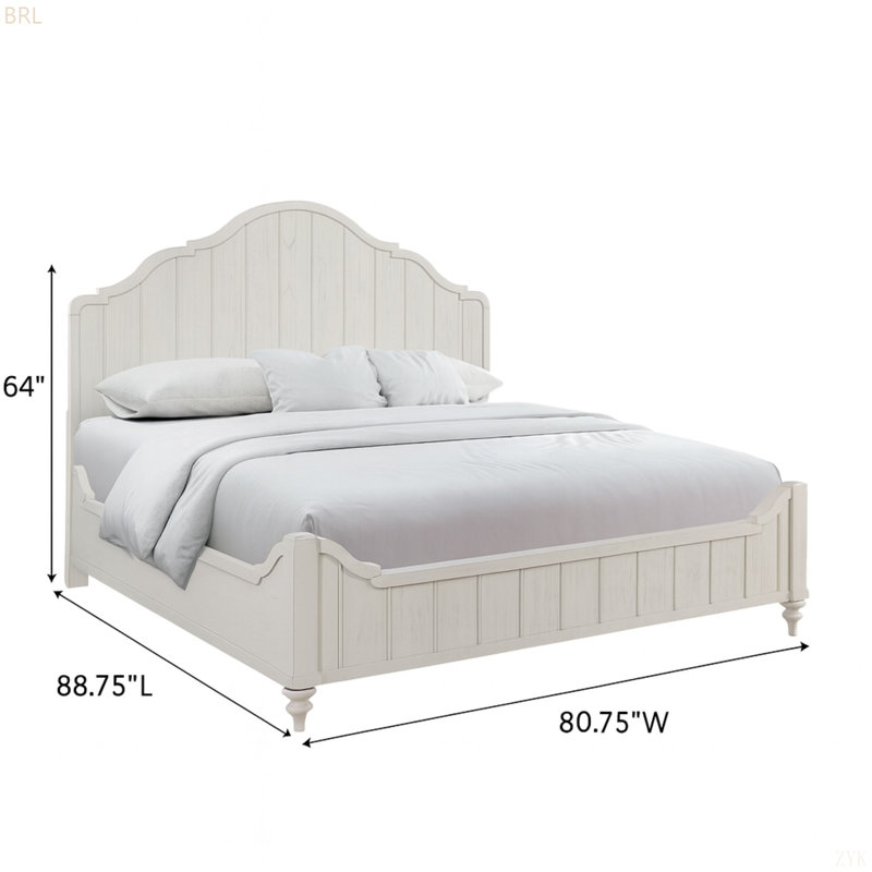 Lit plateforme en bois blanc avec tête de lit festonné, Très grand lit