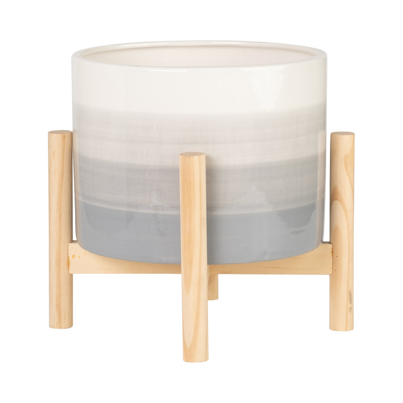 Ceramic and Pine Wood Planter with Stand, Modern Decorative Pot for Indoor and Outdoor Plants, Stylish Elevated Display for Home and Office Decor