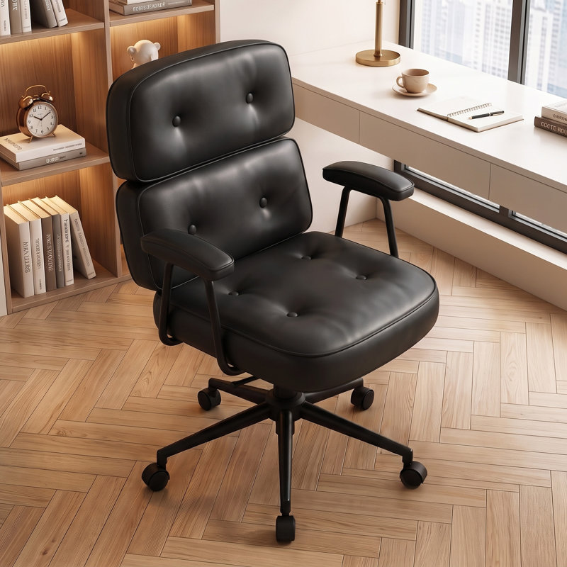 Fauteuil de bureau capitonné en similicuir avec accoudoirs rembourrés, Noir