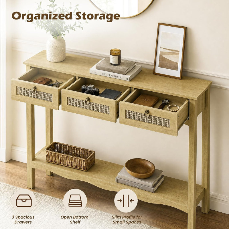 47.3" Rattan Console Table With 3 Drawers, Natural Wood