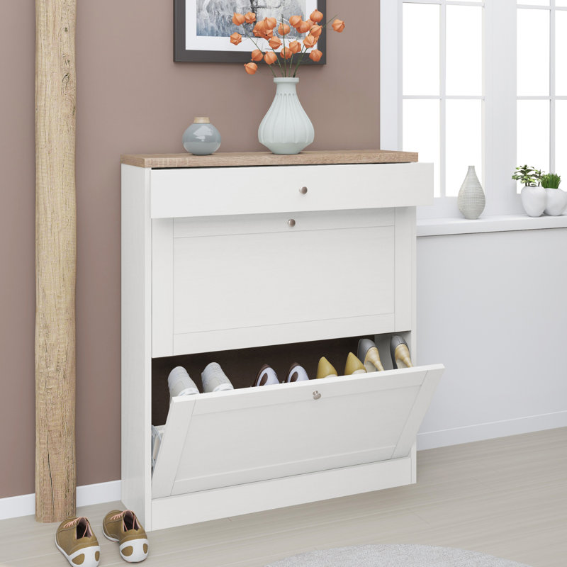 Harry 16 Pair Flip Down Shoe Storage, White / Oak