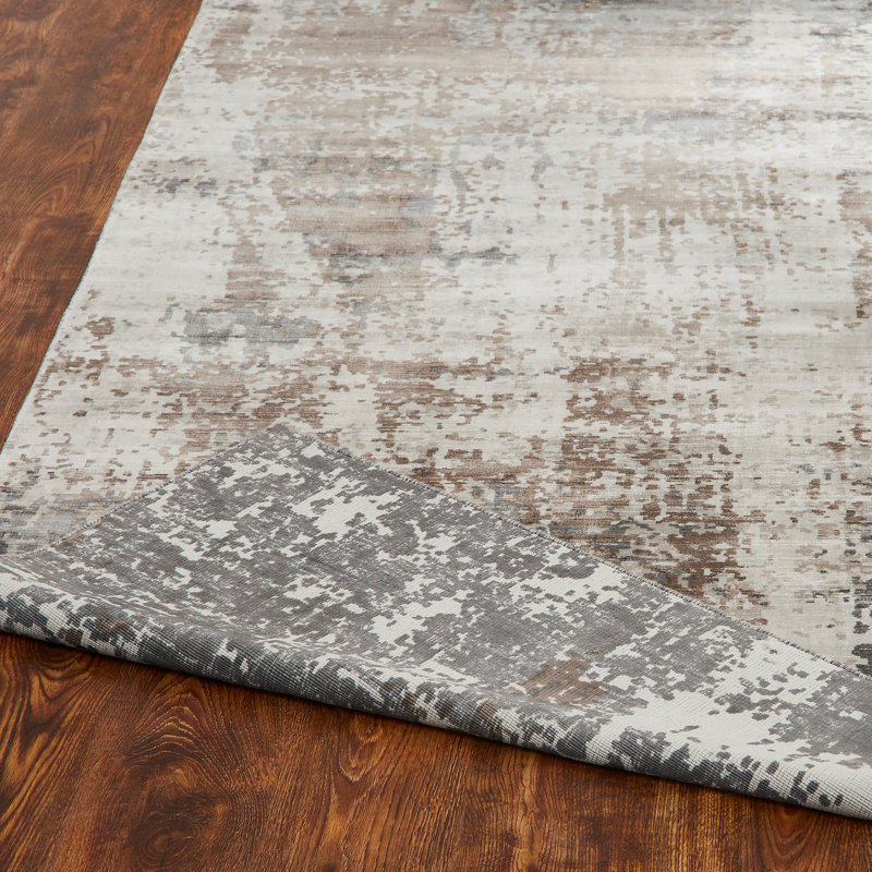 Tapis gris / brun fait à la main à motif abstrait, Rectangle 8 pi 6 po x 11 pi 6 po