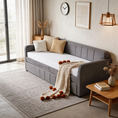 Gray Velvet Twin Daybed With Pull Out Trundle & Usb Port