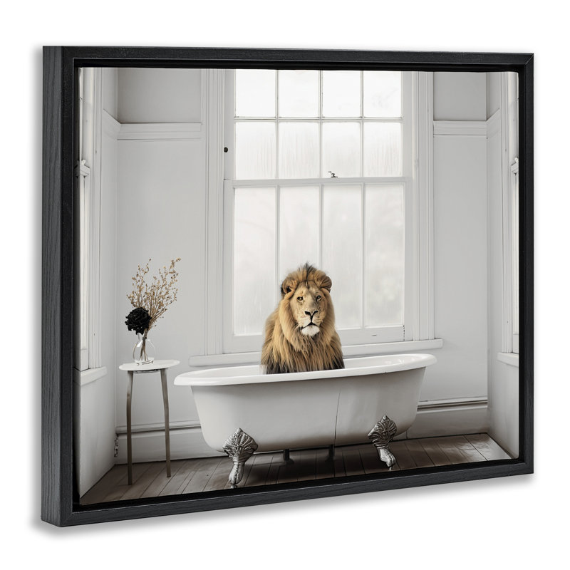 Cadre flottant Minimalist Lion Bathtime, design par Sasha, Cadre flottant noir de jais, H 17 po x l 21 po