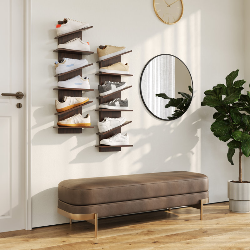 Floating Shoe Rack Wall-mounted, Floating 6 Pair Shoes Display Shelf, Walnut, Espresso Wood