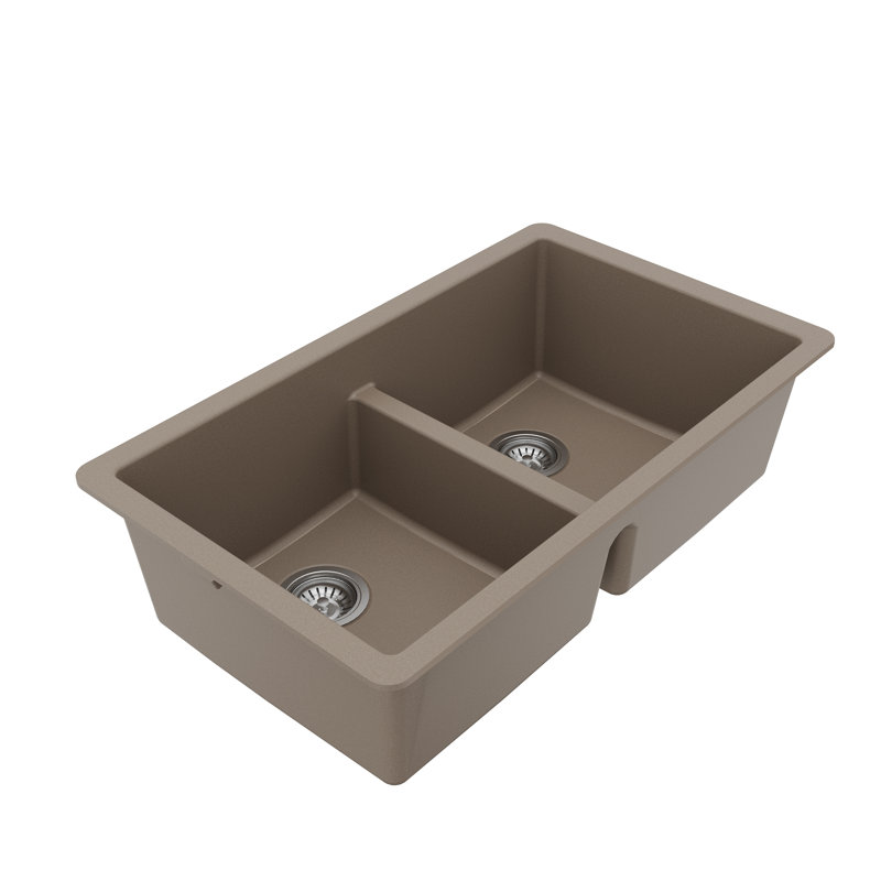 Karran Quartz 32'' X 19-1/2'' Double Bowl 50/50 Undermount Kitchen Sink Kit, Concrete