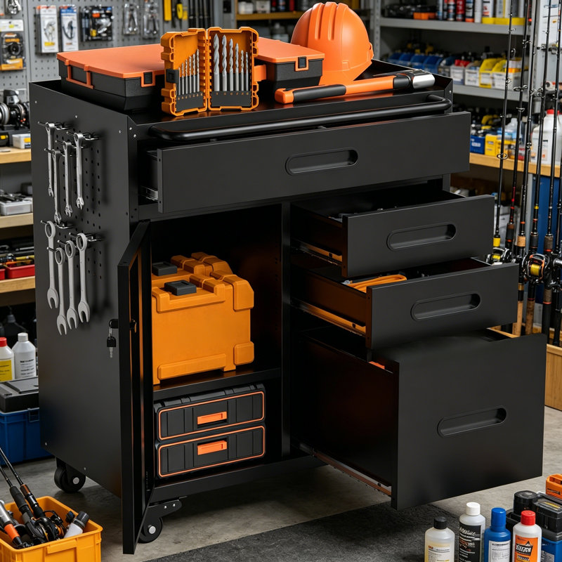 34.3-Inch Mobile Tool Locker With Lockable Compartments And 4 Drawers, Featuring Steel Casters, Suitable For Workshop And Home Garage Storage.
