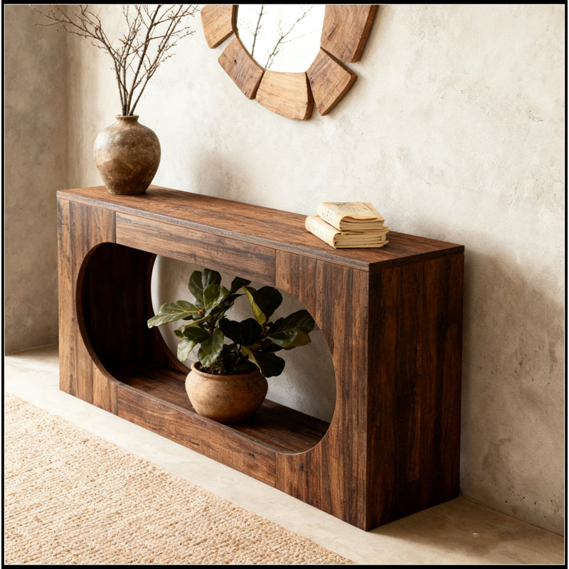 Console 63 po avec bord festonné - Table de canapé à 2 niveaux en bois derrière le canapé, table d'entrée rustique pour le salon