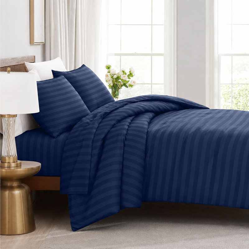 Striped Microfiber Complete Bedding Set | Duvet Cover, Deep Fitted Sheet & Matching Pillowcases, Navy Striped