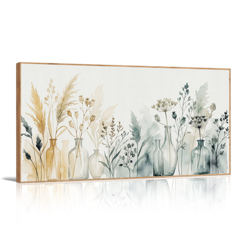 Fleurs séchées et bouteilles en verre, aquarelle dégradée sur toile